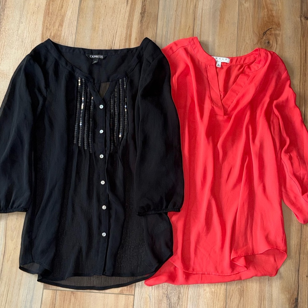 Small Chaus Scarlet V-Neck Blouse & Express Black Sheer Sequin Women’s Set of 2